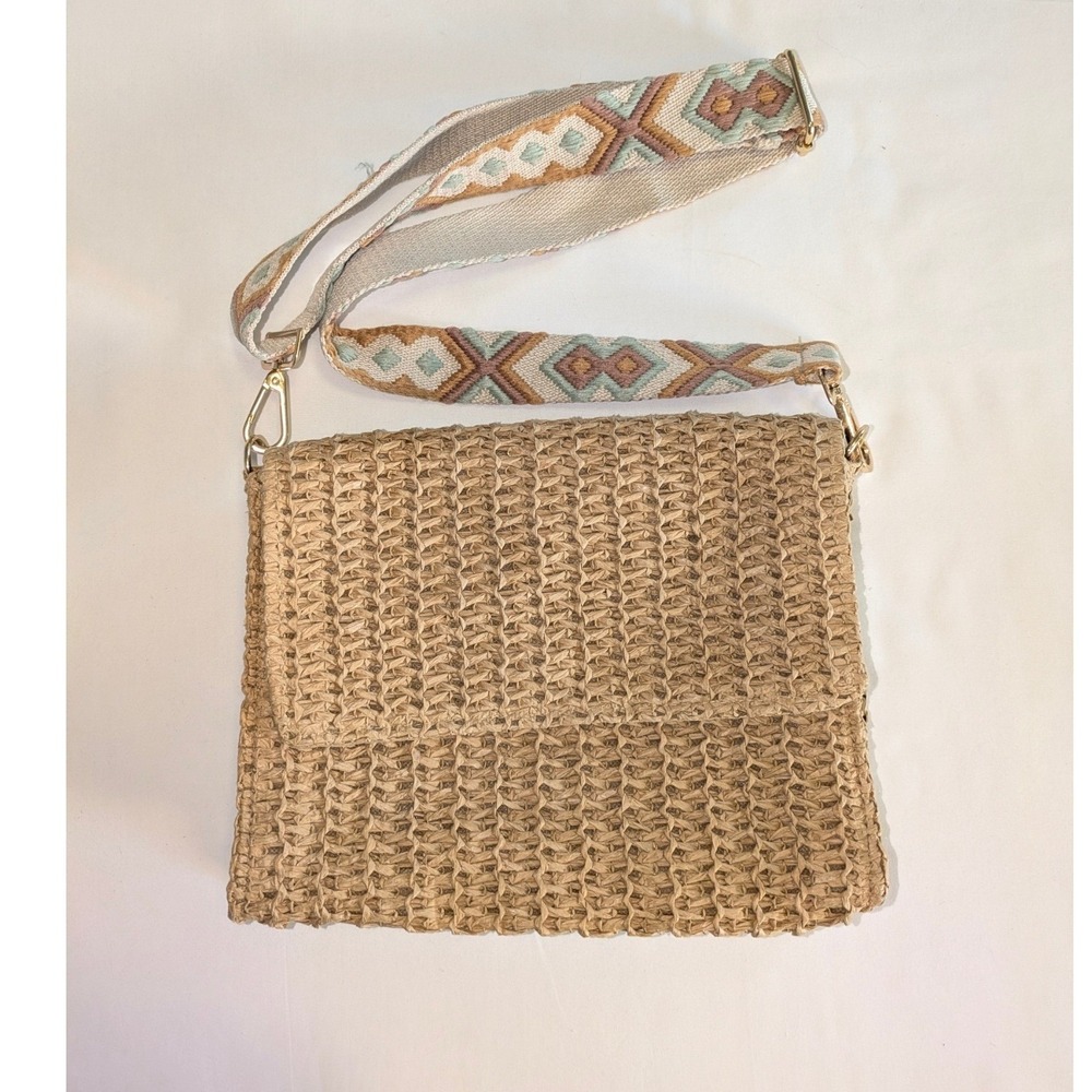Straw Woven Crossbody Bag Boho Aztec Strap Paper Purse‎